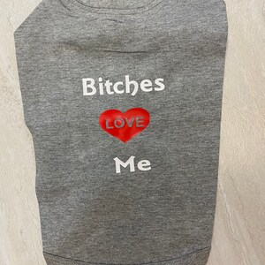 May include: Gray t-shirt with the text "Bitches Love Me" and a red heart.