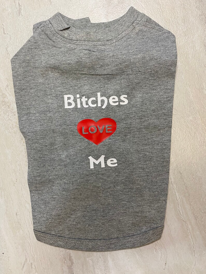May include: Gray t-shirt with the text "Bitches Love Me" and a red heart.