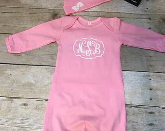 infant gown with hat, newborn gown, newborn gown with hat, monogrammed newborn gown, personalized baby gown, baby shower gift, baby gifts