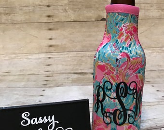 Bottle hugger, bottle cooler, floral print bottle cooler, preppy bottle cooler, monogrammed beer cooler, personalized beer cooler,