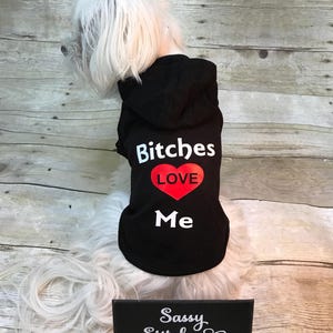 May include: A white dog wearing a black hooded shirt with the text "Bitches Love Me" and a red heart. The dog is sitting on a wooden surface. A black sign with the text "Sassy Stitches" is in the foreground.