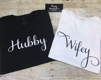 Wedding shirts, hubby wifey shirts, tee shirts, honeymoon shirts, set of two shirts, his and her wedding shirts, gifts for the bride