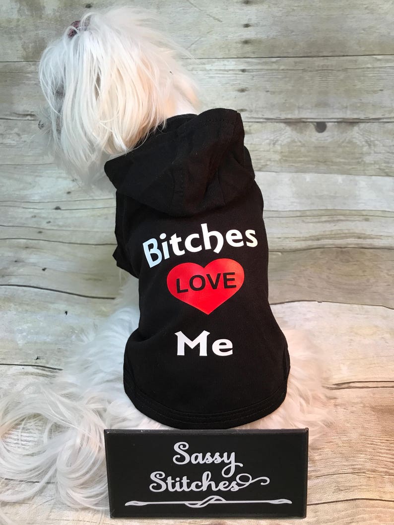 May include: A white dog wearing a black hooded shirt with the text "Bitches Love Me" and a red heart. The shirt is from Sassy Stitches.