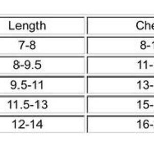 May include: Size chart for clothing with measurements in inches. The chart shows sizes XS, S, M, L, and XL with corresponding length, chest, and neck measurements.