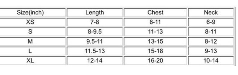 May include: Size chart for clothing with measurements in inches. The chart shows sizes XS, S, M, L, and XL with corresponding length, chest, and neck measurements.