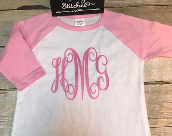 Girls monogrammed shirt, baseball sleeve tee, large monogram tee, toddler monogram shirt, toddler baseball tee, personalized girls shirt