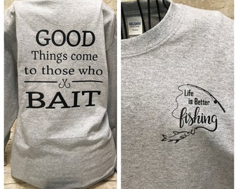 camisa de pesca, camisa de pesca divertida, regalos de pesca, regalos para él, cosas buenas vienen a los que cebo, camiseta de pesca, camisa de pesca juvenil