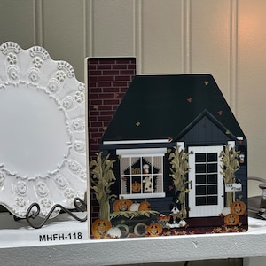 Mini Halloween House, Blue Mini Halloween House, Fall House Block, Halloween House, Halloween Decor, Shelf Sitter, Pat Isaac