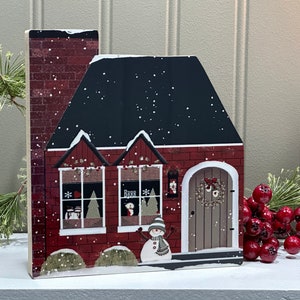 Red Brick Winter Dormer House Decor, Mini House Shelf Sitter, Brrr, Shelf Sitter, Arched Door House, Snowman House, Pat Isaac