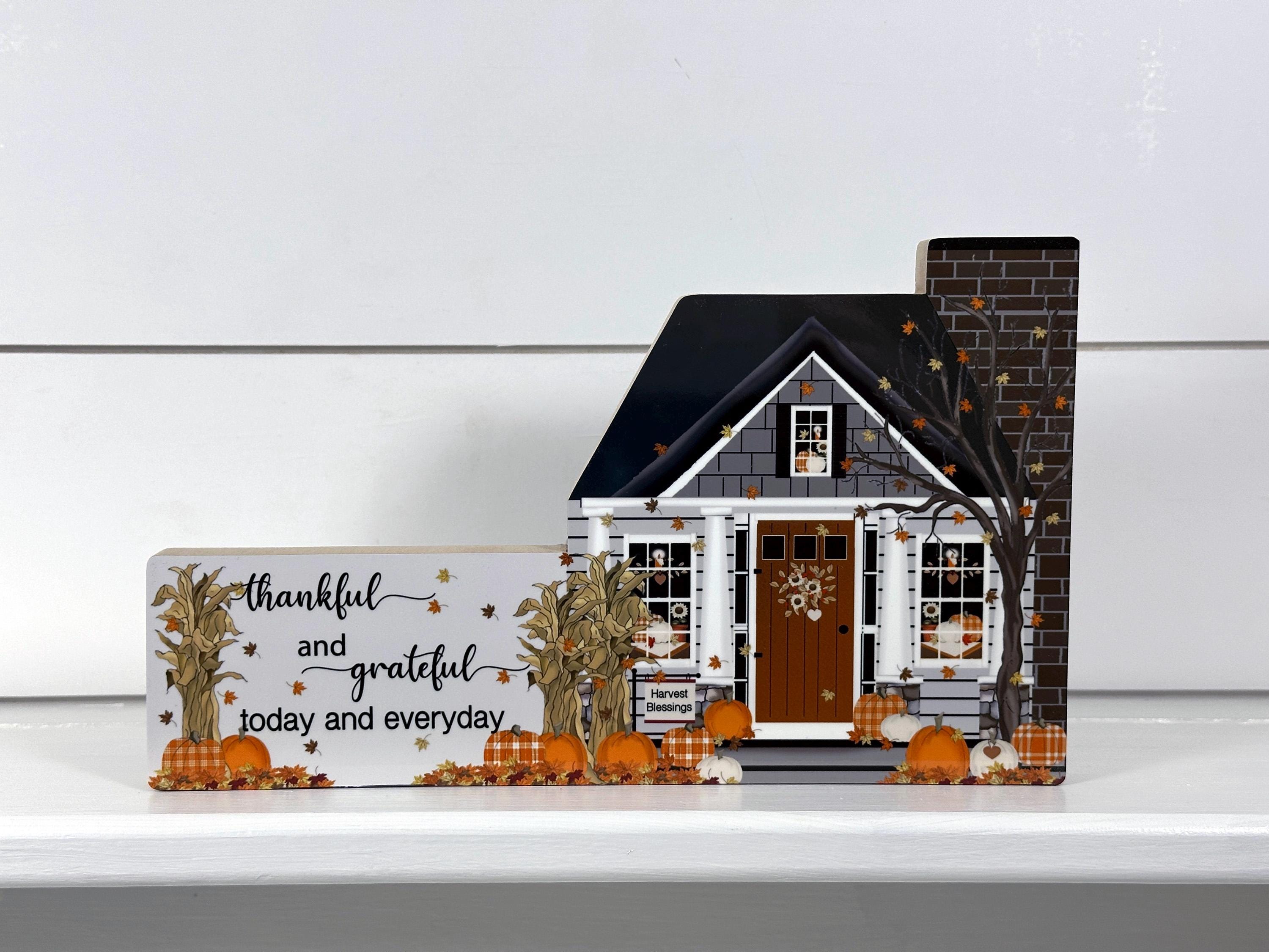 Thanksgiving House Block, Thankful House, Gray Craftsman Fall Decor, Pumpkins, Shelf Sitter, Pat Isaac
