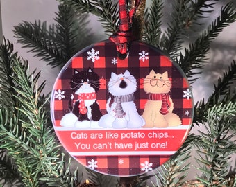 Cats are Like Potato Chip Ornament, Buffalo Plaid, Cat Porcelain Ornament, Cat Lover Ornament, Stocking Stuffer, Gifts Under 15, Many Cats