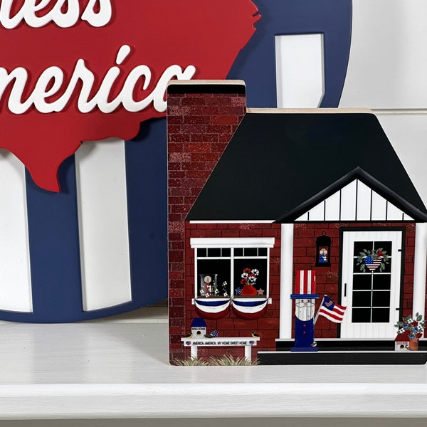 Patriotic House, Red Brick House, America America My Home Sweet Home, Uncle Sam Decor, Summer House Decor, Shelf Sitter, House Shelf Sitter