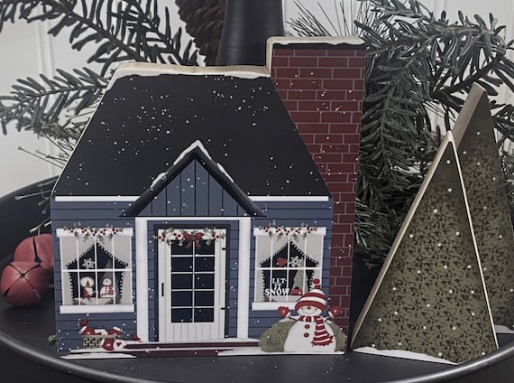 Winter Mini House, Gray House Decor, Winter House Decor, Let It Snow Decor, Snowman House, Fireplace House Decor, Winter House, Pat Isaac