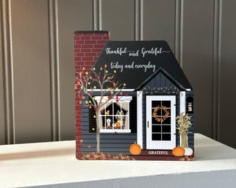 Fall House Block, Thankful and Grateful, Autumn Decor Shelf Sitter