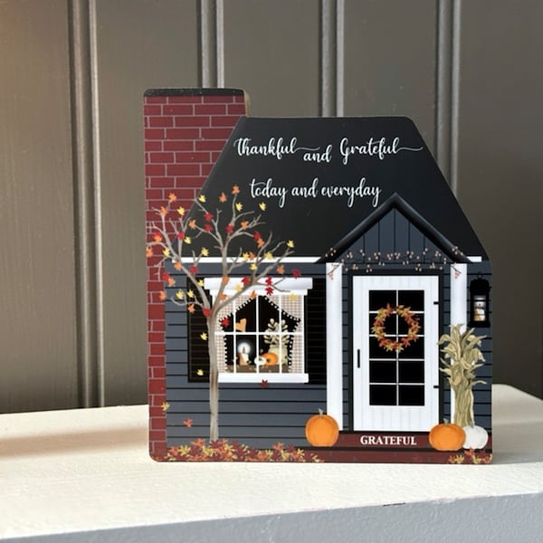 Bloque de casa de otoño, agradecido hoy y todos los días, Casa de colores de otoño, Hojas de árboles de otoño, Casa de otoño, Cuidador de estantes, Pat Isaac