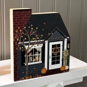 Fall Colors House, Fall House Block, Fall Tree Leaves, Blue Gray Fall House, Best Seller, Fall House Decor, Autumn, Shelf Sitter, Pat Isaac