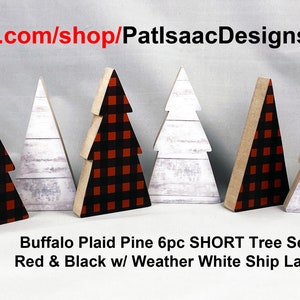 Red and Black Buffalo Plaid Pine Tree 6 Piece Set, 4.5 - 4.25 - 3.25 inch Tree, Short Tree Set Tier Tray, Farmhouse,
