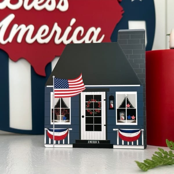 Mini Patriotic House, Patriotic House, Personalize House, America House, Spring House Decor, America Decor, Patriotic Decor, Shelf Sitter