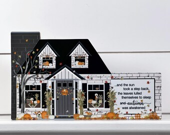 Fall House Block Decor: White Brick, Pumpkins, Autumn Verse