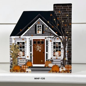 Harvest Blessings Craftsman House, Md Gray Fall House, Fall Craftsman House, Fall House Decor, Shelf Sitter, Fall Plaid Pumpkins, Pat Isaac