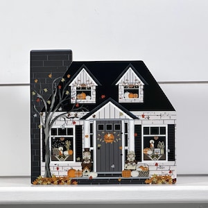 White Brick Fall House, Pilgrim House, Thanksgiving House, Fall Pumpkin House, Thanksgiving Decor, Shelf Sitter, Tier Tray, Pat Isaac