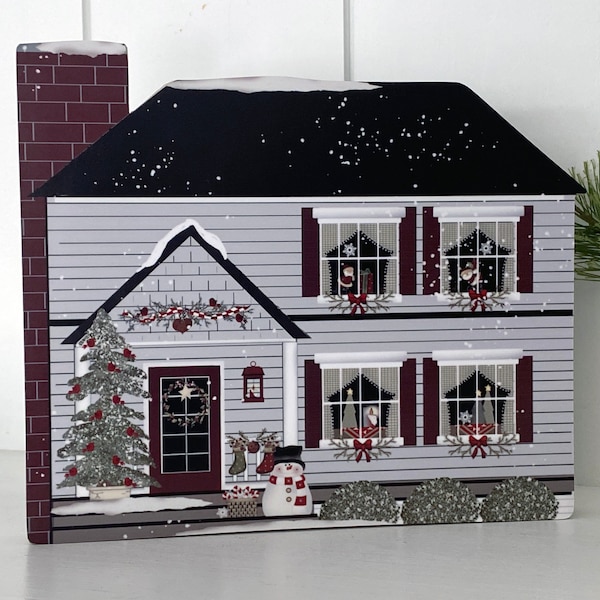 Winter Farm House, Snowman, 6 Inch Tall House, Gray House Block, Big Christmas House, Winter House Decor, House Block, Pat Isaac