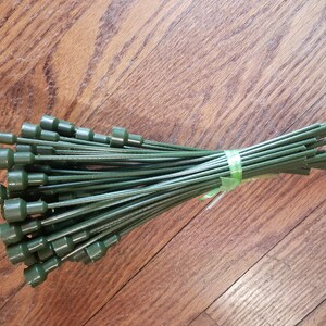 May include: A bundle of green floral stem wires with dark green plastic tops. The stems are tied together with a green ribbon. The wires are on a wooden surface.