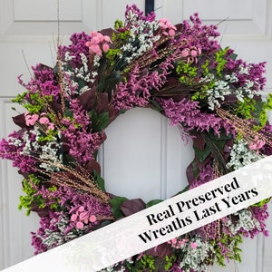 Spring Wreath with real preserved foliage and pink accents, perfect for year round use