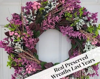 Spring Wreath with real preserved foliage and pink accents, perfect for year round use