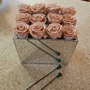 May include: A square mirrored box filled with twelve light brown roses. The roses are arranged in a grid pattern. Two green floral wire stems are visible, lying on the surface. The box reflects the surrounding environment.