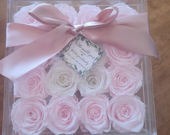 Acrylic rose box with drawer and sixteen Ecuadorian preserved roses