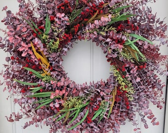 24" Year round eucalyptus wreath made with all natural preserved materials