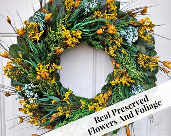 Wreath Yellow flower wreath made with real preserved foliage and Yellow accents, perfect for year round use