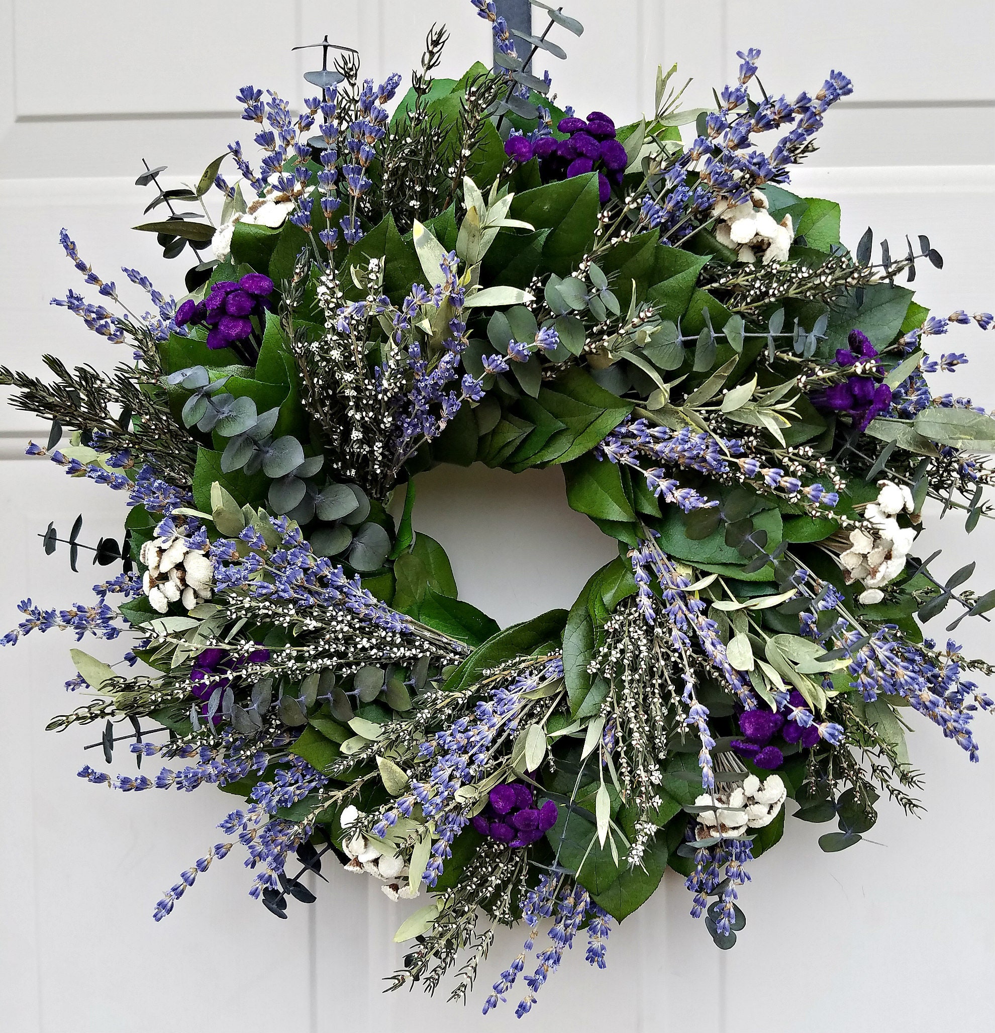 Purple lavender wreath is made with preserved eucalyptus and Etsy