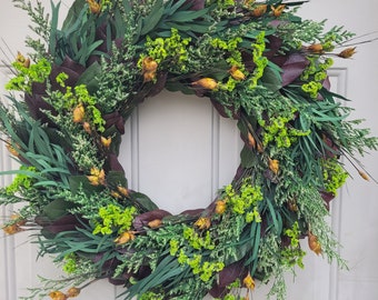 Handmade wreath with real preserved foliage preserved to last years! In burgundy and gold, perfect for year round use