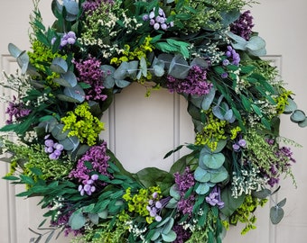 Handmade wreath with real preserved foliage preserved to last years! In burgundy and gold, perfect for year round use