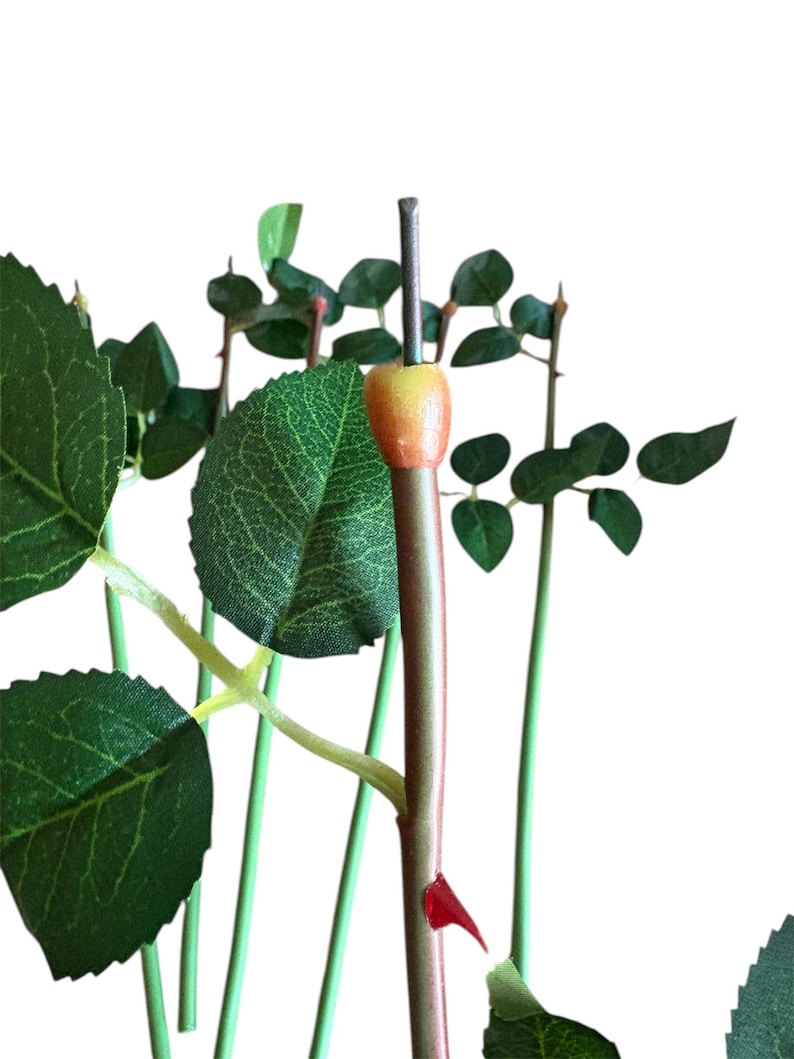 May include: Close-up of artificial rose stems with green leaves and a bud. The stems are a mix of green and brown, with a red thorn. The bud is a mix of yellow and orange. The leaves are a deep green color.