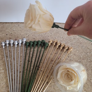May include: Assortment of floral wire stems in silver, green, and gold. The stems are approximately 6 inches long and have a small, pointed tip. The stems are used for arranging flowers and other floral arrangements.
