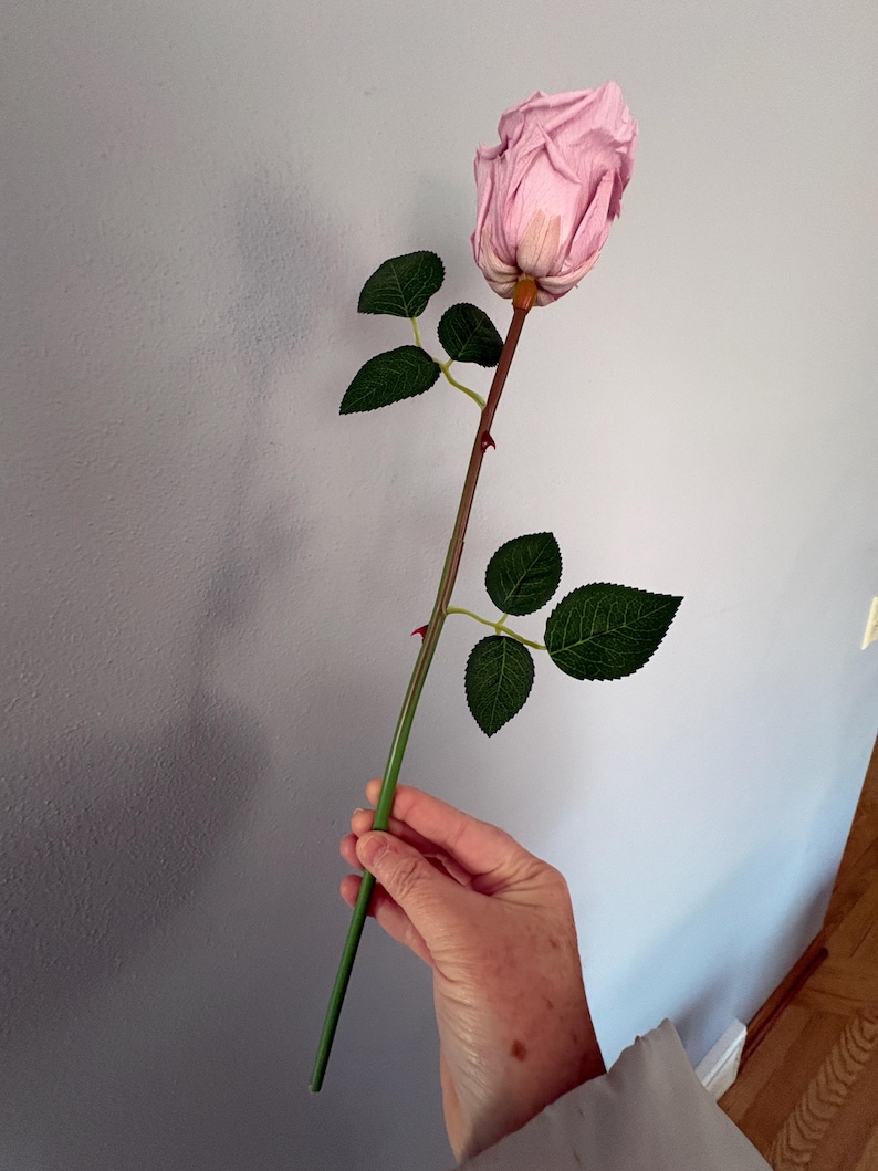 May include: A single artificial rose with a light pink bloom and green leaves. The stem is a dark brown color, transitioning to green. The rose is held against a light blue wall.