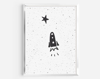 Rocket printable art Space Rocket wall art Space themed print Rocket nursery print Monochrome Space art Rocket and Star print