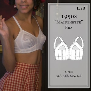 May include: A white 1950s "Maidenette" bra with a vintage design. The bra has a classic silhouette with adjustable straps and a structured cup design. Sizes available: 32A, 32B, 34A, 34B. The image also includes a diagram of the bra.
