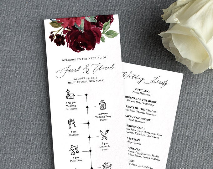 Wedding Program & Timeline Template, Printable Order of Service, Wedding Day Events / Agenda, Instant Download, 100% Editable Text 062-216WP