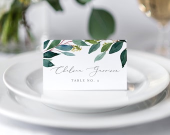 Wedding Place Card Template, Winter Greenery Seating Card, Printable Escort Card, Name Card, 100% Editable Text, Instant Download #044-114PC