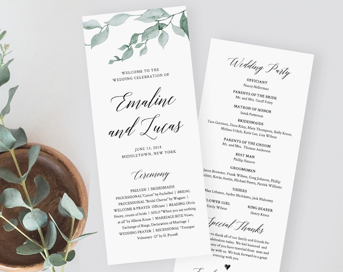 Greenery Wedding Program Template, Printable Order of Service, Ceremony Program, Instant Download, 100% Editable, Templett #019-208WP