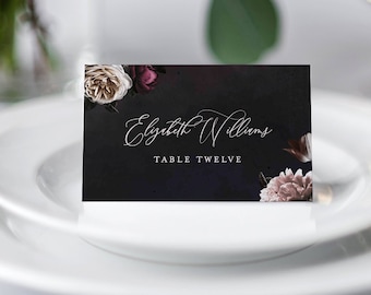 Vintage Floral Place Card Template, Printable Wedding Escort Card, 100% Editable Text, Moody Floral, INSTANT DOWNLOAD, Tent & Flat 009-132PC