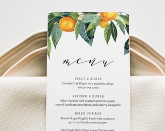 Citrus Menu Template, Wedding Menu Card, Orange Blossom, Lemon, Printable DIY Menu, INSTANT DOWNLOAD, Editable, 5x7 & 3.5x8.5 #084-140WM