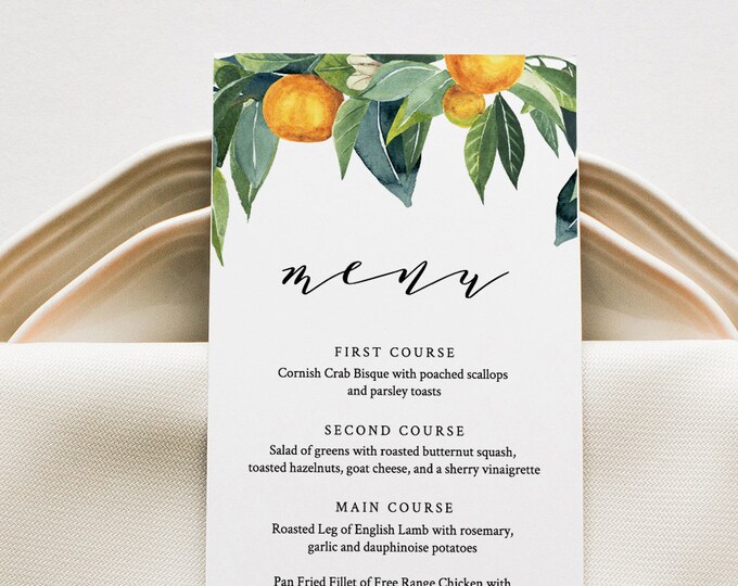 Citrus Menu Template, Wedding Menu Card, Orange Blossom, Lemon, Printable DIY Menu, INSTANT DOWNLOAD, Editable, 5x7 & 3.5x8.5 #084-140WM