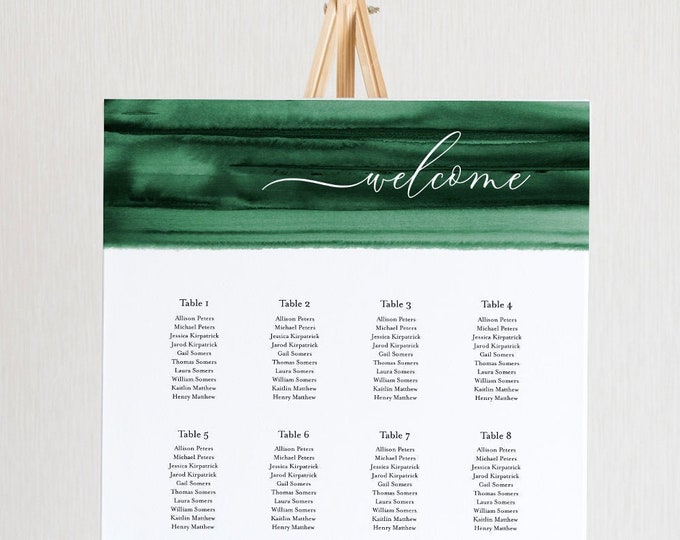 Emerald Watercolor Seating Chart Poster, Wedding Seating Sign, Instant Download, Editable Template, Templett US & UK Sizes #093C-265SC