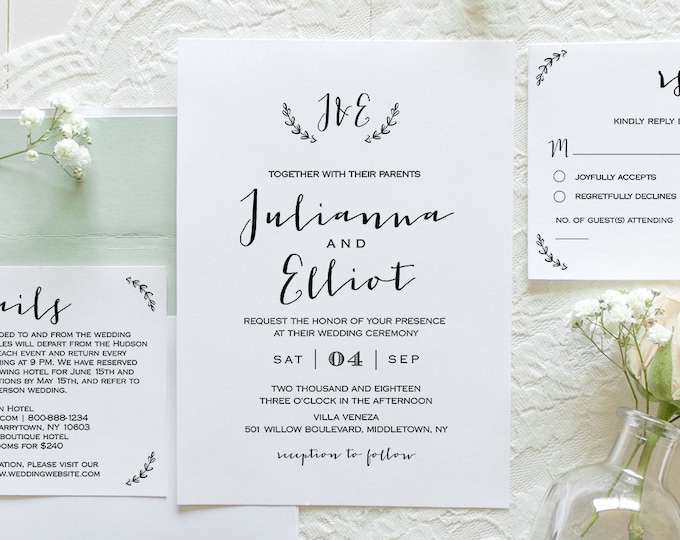 Rustic Wedding Invitation Template,  Instant Download, Printable Wedding Invite, RSVP, Details, 100% Editable, Vintage Monogram Laurel #031B