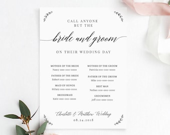 Call Anyone But the Bride Template, Wedding Contact Contact Card, Info / Phone Insert, 100% Editable Template, Instant Download #034-101CC